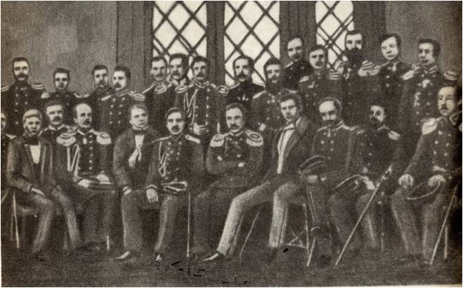 Октябрь 1852 г. И.Гошкевич первый слева, рядом с ним командующий фрегатом  И. С. Унковский, И. А. Гончаров и вице-адмирал Е. В. Путятин среди офицеров фрегата «Паллада». 